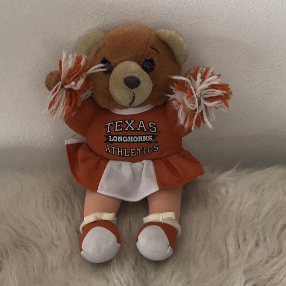 Vintage Texas Longhorns Athletics cheerleader plush stuffed Teddy Bear Pom Poms